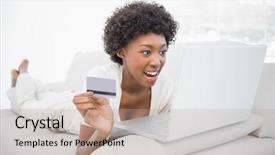  Presentation with cashback online shopping - PPT layouts enhanced with computer shop - cheerful pretty brunette shopping online background and a coral colored foreground