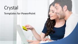  Presentation with credit card - Audience pleasing slides consisting of computer shop - happy surprised couple looking backdrop and a sky blue colored foreground