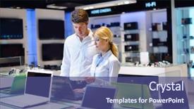  Presentation with retail - Colorful presentation theme enhanced with computer shop - people in consumer electronics retail backdrop and a ocean colored foreground
