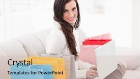  Presentation with theripist couch - Amazing PPT theme having computer shop - pretty brunette using her laptop backdrop and a soft green colored foreground