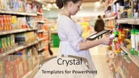  Presentation with products supermarket - PPT layouts with computer shop - woman comparing products background and a coral colored foreground