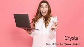  Presentation with credit card - Presentation featuring computer showing plastic credit card background and a coral colored foreground