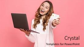  Presentation with credit card icon - Beautiful PPT layouts featuring computer showing plastic credit card backdrop and a coral colored foreground