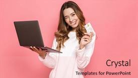  Presentation with credit card - Colorful PPT layouts enhanced with computer showing plastic credit card backdrop and a coral colored foreground