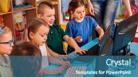  Presentation with video training - Beautiful slide set featuring computer simulator for training backdrop and a ocean colored foreground