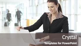  Presentation with young man holdng laptop on lap money - Audience pleasing slides consisting of computer sitting at office lobby backdrop and a dark gray colored foreground