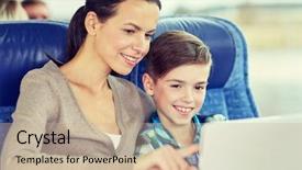  Presentation with family tourism - Amazing PPT theme having computer sitting in travel bus backdrop and a soft green colored foreground