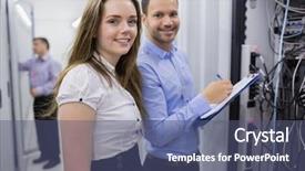  Presentation with servers - PPT theme consisting of computer skills - two smiling technicians checking background and a ocean colored foreground