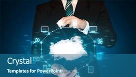  Presentation with cloud computing - Slide deck consisting of computer solution - businessman holding digital icons cloud background and a ocean colored foreground