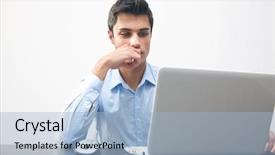  Presentation with work - Audience pleasing theme consisting of computer solution - thoughtful young businessman at work backdrop and a  colored foreground