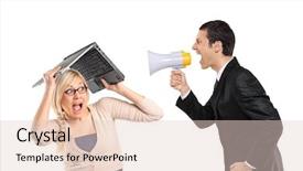  Presentation with via crucis español - Audience pleasing presentation theme consisting of computer speakers - mad businessman yelling via megaphone backdrop and a  colored foreground