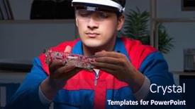  Presentation with late - Beautiful PPT theme featuring computer-specialist-repairing-pc-late backdrop and a navy blue colored foreground