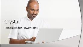  Presentation with business casual - Theme having computer standing on plain background background and a light gray colored foreground