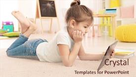  Presentation with cheerful stylish city girl using - Presentation design with computer studies - cute little girl using tablet background and a lemonade colored foreground