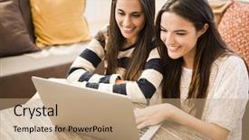  Presentation with coffee shop - Slide set consisting of computer studies - female friends studying background and a coral colored foreground