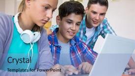  Presentation with classroom - Audience pleasing presentation theme consisting of computer studies - group of young students studying backdrop and a teal colored foreground