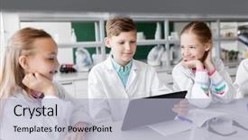  Presentation with chemistry tablet - Presentation design featuring computer studying biology or chemistry background and a light gray colored foreground