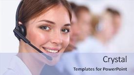  Presentation with call center - Presentation theme with computer support - businesswoman with headset smiling background and a  colored foreground