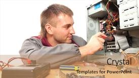  Presentation with support - Beautiful slide deck featuring computer support engineer isolated backdrop and a coral colored foreground