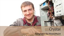  Presentation with electrical engineer - Slide set featuring computer support engineer isolated background and a coral colored foreground