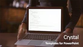  Presentation with cafe - Theme consisting of computer system outsource - woman holding laptop in cafe background and a tawny brown colored foreground