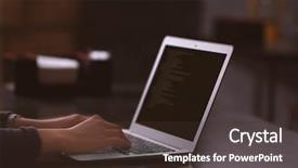  Presentation with cafe - PPT theme with computer system outsource - woman working with laptop background and a tawny brown colored foreground