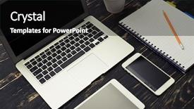  Presentation with workplace - PPT theme having education computer tablet - business workplace with laptop gadgets background and a black colored foreground