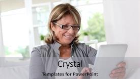  Presentation with home - PPT theme featuring computer tablets - smiling senior woman at home background and a light gray colored foreground