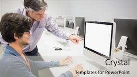  Presentation with classroom - Slides enhanced with computer teacher assisting a student background and a light gray colored foreground