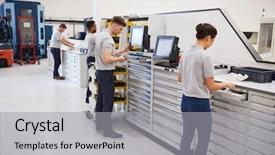  Presentation with machinery - Audience pleasing presentation theme consisting of computer technology skills - engineers selecting tools for use backdrop and a light gray colored foreground