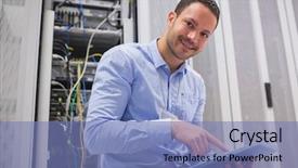  Presentation with servers - PPT theme consisting of computer technology skills - happy technician working on tablet background and a teal colored foreground