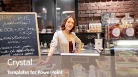  Presentation with coffee shop - Presentation theme with computer terminal - small business people and service background and a coral colored foreground