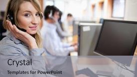  Presentation with call center performance reporting - Slides with computer terminal - smiling blonde operator posing background and a light gray colored foreground