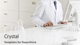  Presentation with laboratory - Beautiful presentation theme featuring computer test - man who experiments in laboratory backdrop and a  colored foreground