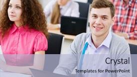  Presentation with young people diversity - Audience pleasing slide deck consisting of computer test - young people sitting in classroom backdrop and a  colored foreground