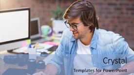  Presentation with creative - Slides featuring computer theme - smiling young man using mobile background and a light blue colored foreground