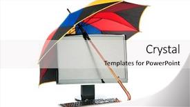  Presentation with umbrella protection - Beautiful PPT theme featuring computer under protection of umbrella backdrop and a white colored foreground