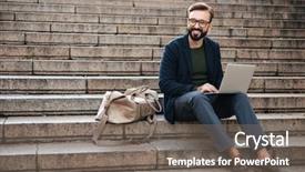  Presentation with gold man smile - Slide deck consisting of computer while sitting on stairs background and a gray colored foreground