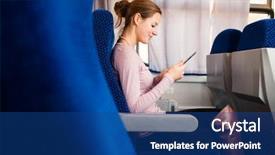  Presentation with train - Amazing PPT theme having computer while traveling by train backdrop and a ocean colored foreground