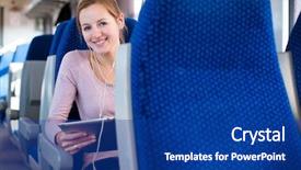  Presentation with computer - Presentation theme having consommateur touristique - young woman using her tablet background and a  colored foreground