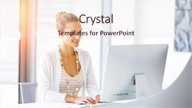  Presentation with office desk reception - Audience pleasing slides consisting of computer window - attractive office worker sitting backdrop and a  colored foreground