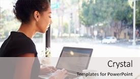 Presentation with college coffee shop - Slides having computer window - businesswoman using laptop in coffee background and a light gray colored foreground