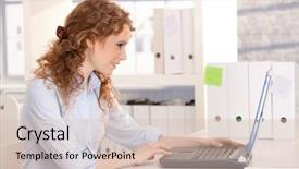  Presentation with internet and tv - PPT layouts having computer window - young attractive woman using laptop background and a soft green colored foreground