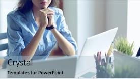  Presentation with office - PPT layouts featuring computer window - young woman sitting at office background and a light blue colored foreground