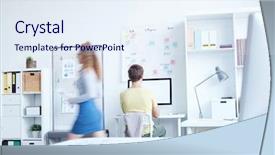  Presentation with computer - Slides featuring computer with blurry colleague pass background and a sky blue colored foreground