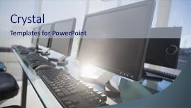  Presentation with judge computer - PPT theme consisting of computer with headsets at office background and a  colored foreground