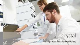  Presentation with meet the work team - PPT theme featuring computer with scientific analysing data background and a light gray colored foreground