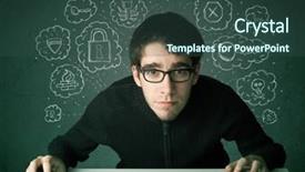  Presentation with hacking - Slide set enhanced with computer worms - young nerd hacker with virus background and a ocean colored foreground