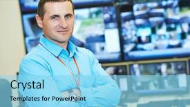  Presentation with video surveillance - Presentation theme having computerization - security executive chief in front background and a light blue colored foreground