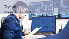  Presentation with security guard - Presentation design featuring computerization - security guard watching video monitoring background and a light blue colored foreground